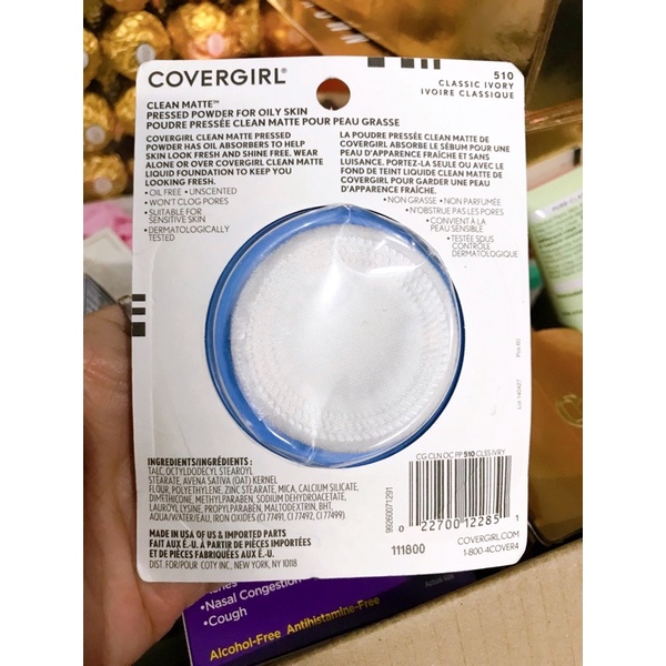 Phấn phủ dạng nén COVERGIRL Clean Matte Pressed Powder Oil Contro -màu 510 Classic Ivory-USA