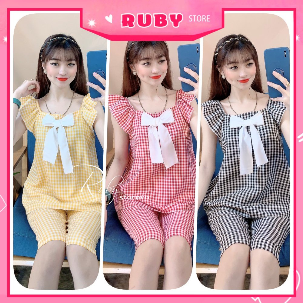 Đồ bộ kate cho nữ mặc nhà chất vải mềm mịn mát in họa tiết caro nhí dễ thương BKT145