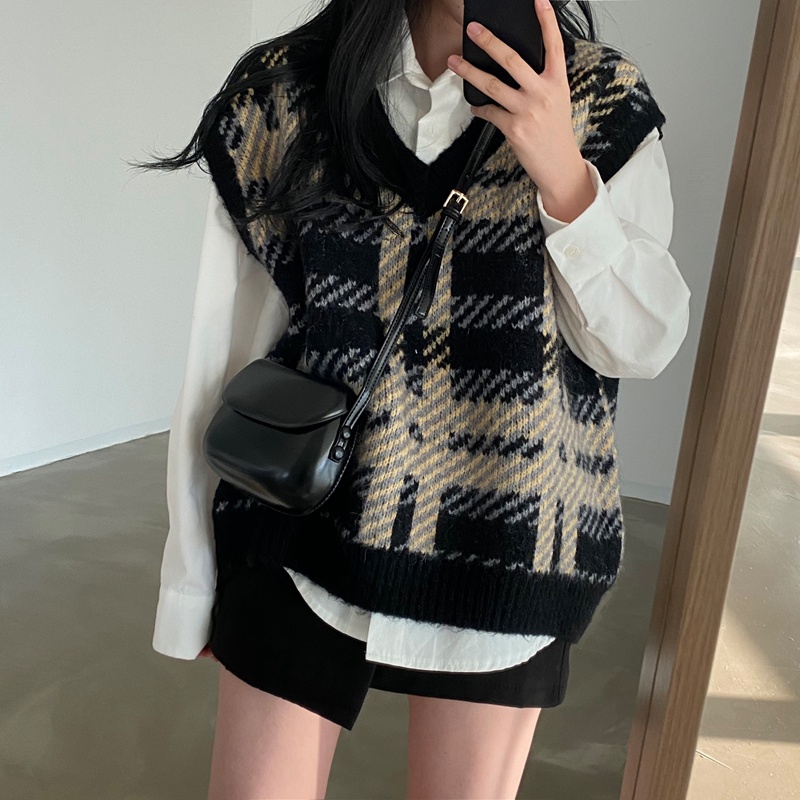 Áo Sweater không tay cổ chữ V form rộng họa tiết sọc caro thời trang mùa thu