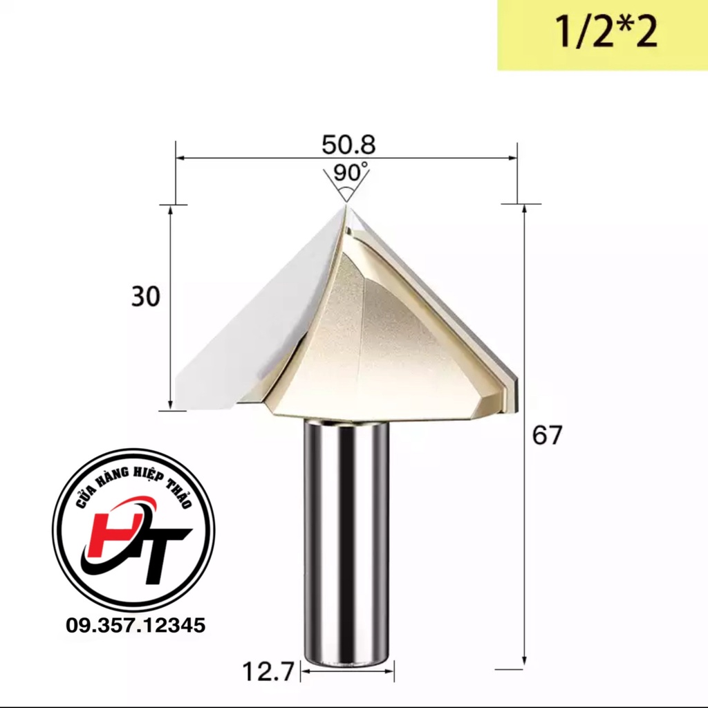 Mũi phay gỗ alu chữ V 5cm CNC vát 45 độ không bi Tideway cao cấp MSV-45-TW-1250