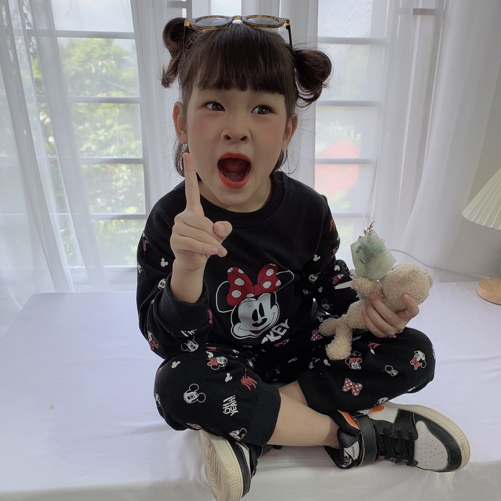 Bộ cotton dài tay bé gái hoạ tiết xinh xắn, set thu đông tay dài hàng đẹp