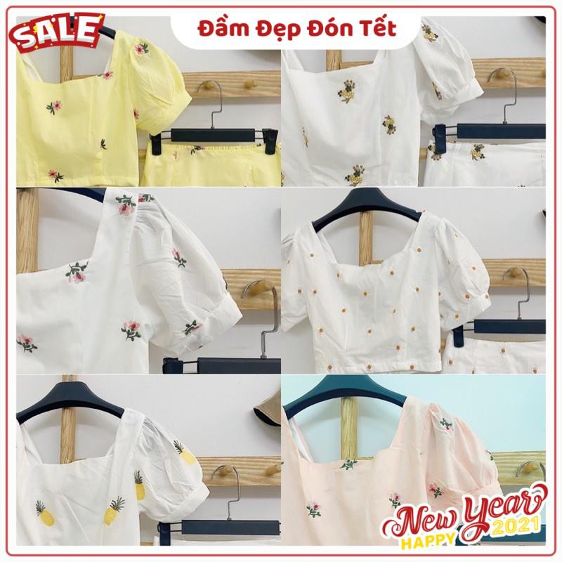 Sét Chân váy kém áo croptop tay phồng hoạ tiết hoa nhí | BigBuy360 - bigbuy360.vn