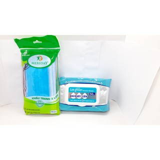 KHAU TRANG XANH 3 LỚP BẠCH TUYẾT (GÓI 10 CÁI)+1 KHĂN CỒN LETGREEN (50 MIẾNG)