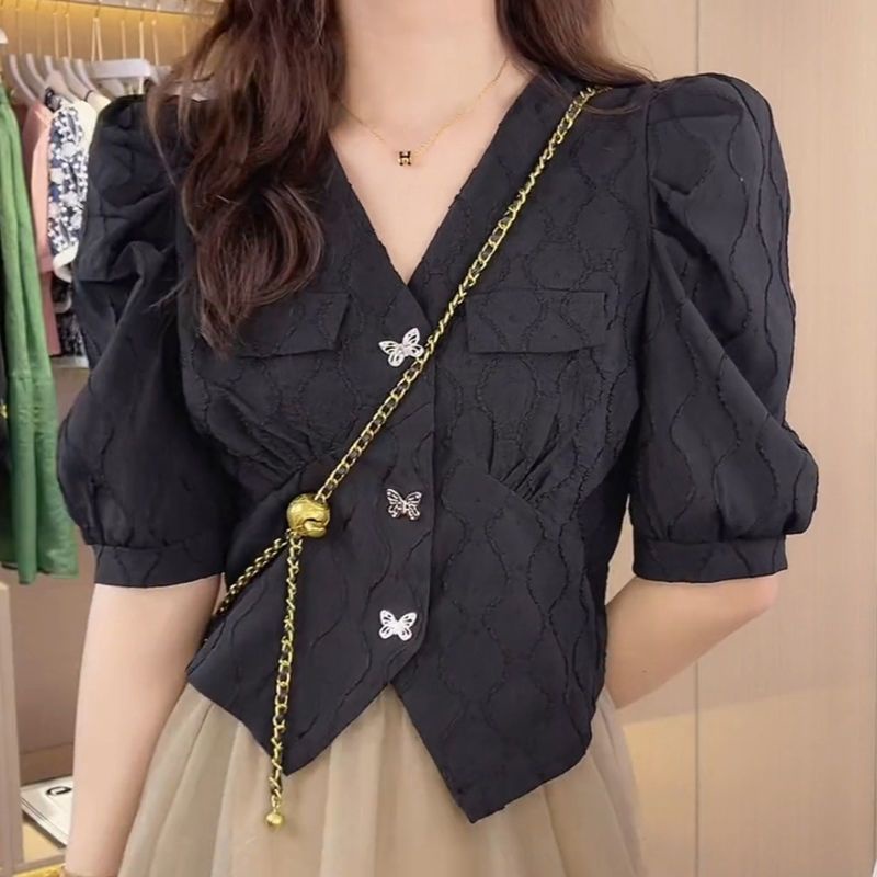 Áo Kiểu Tay Ngắn Phồng Cổ Chữ V Đính Nơ Thời Trang Dành Cho Nữ 2022 Amoi