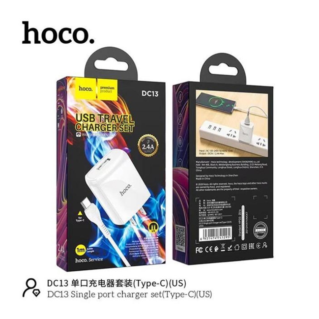 Bộ sạc Hoco DC13 Type-C to USB, sạc nhanh 2.4A, tương thích với nhiều dòng Samsung/Oppo..., chân cắm dẹt tiêu chuẩn US