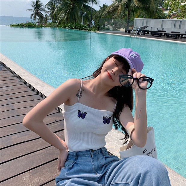 DUNEA Áo Dệt Kim Hai Dây In Hình Bướm Thời Trang Cho Nữ