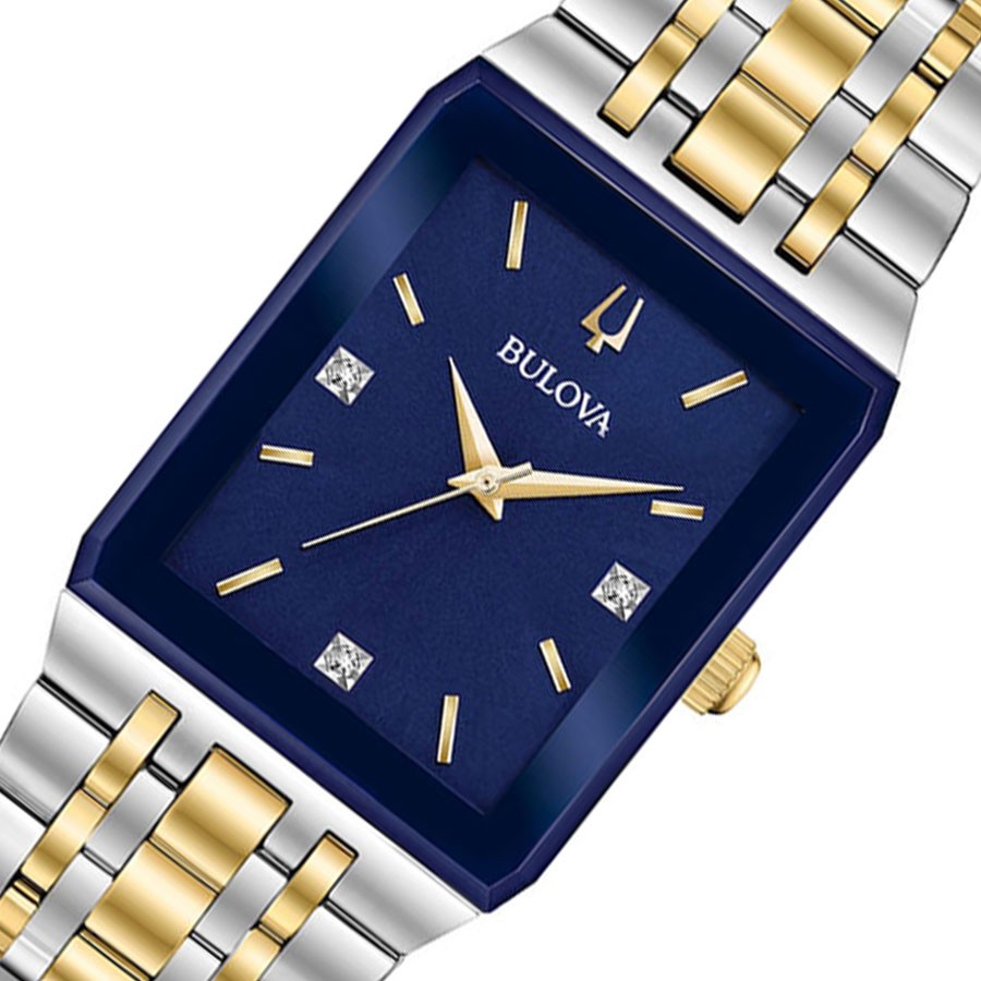 Đồng Hồ Bulova Nam Đính Kim Cương Dây Kim Loại Pin-Quartz 98D154 - Mặt Xanh (30x45mm)