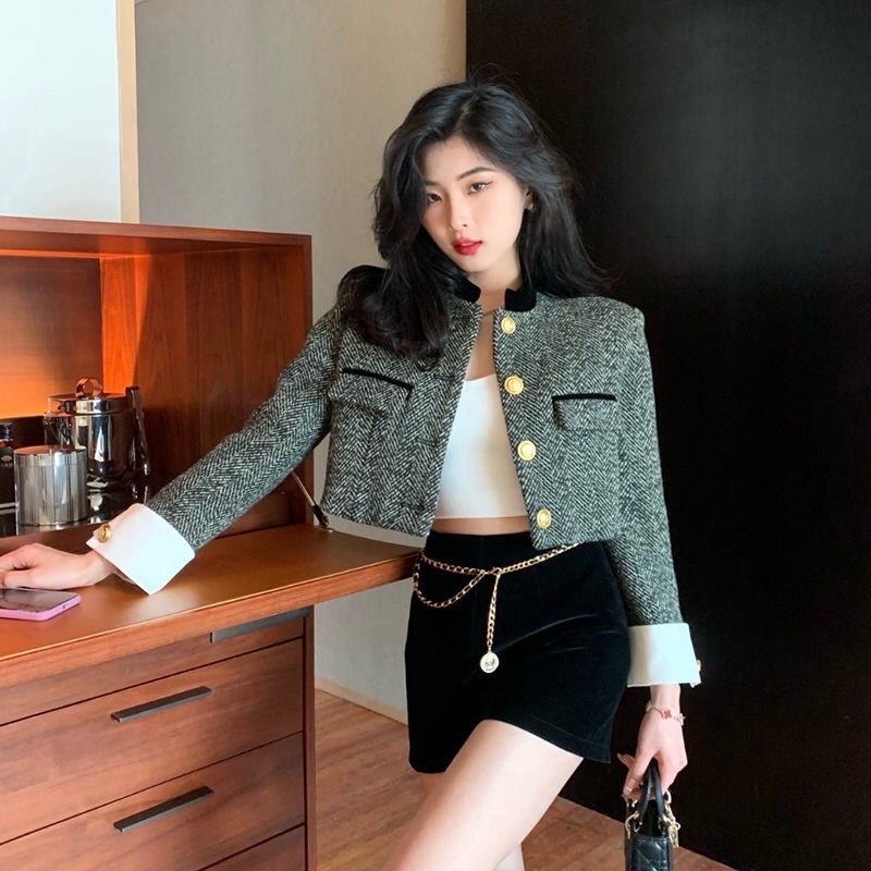 ÁO DẠ TWEED TAY TRẮNG CROPTOP - ÁO KHOÁC NỮ THU ĐÔNG