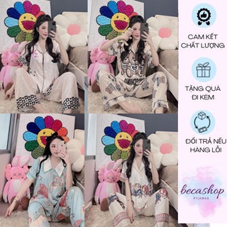 Bộ ngủ lụa latin cổ tròn quần dài hàng thiết kế hoạt hình lạ mắt (kèm video và ảnh thật)