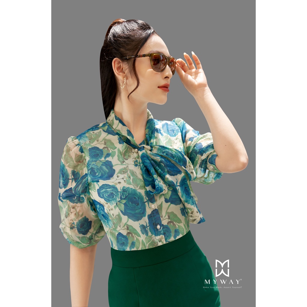 Áo Sơ Mi Họa Tiết Nữ MY WAY Ngắn Tay Cổ Nơ Sang Trọng 5MA0687