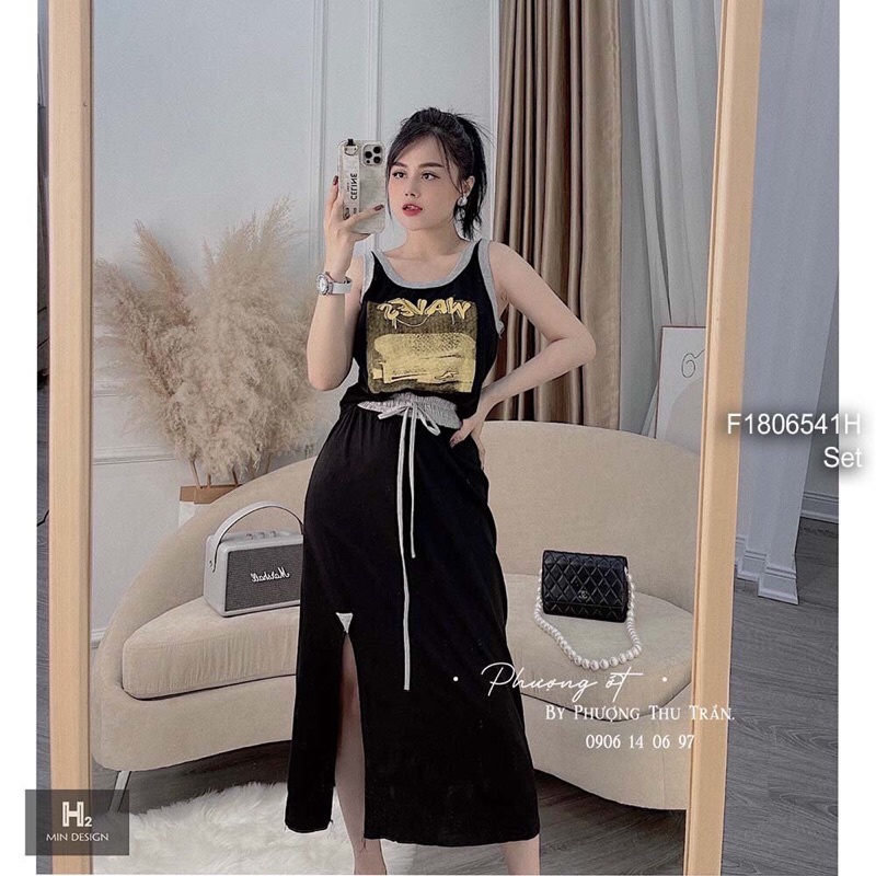 Set thun áo in hình chữ sát nách phối chân váy xẻ tà trước dáng dài!