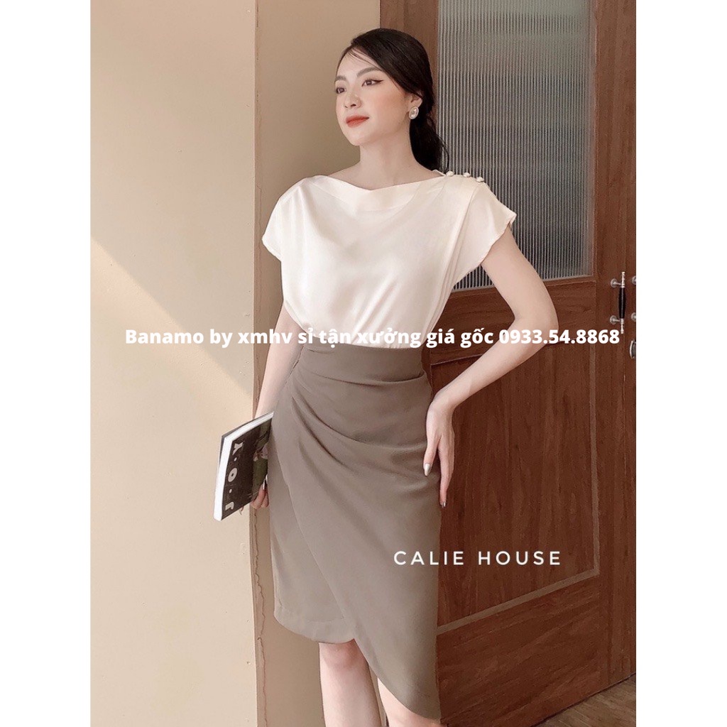 Chân váy vạt lệch xếp ly eo dáng dài thời trang Banamo Fashion chân váy nhún eo 533