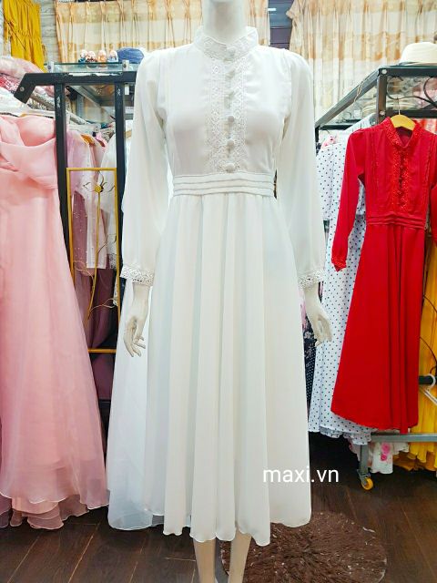 Đầm maxi cổ V đính nút mặc được 2 kiểu tay ngắn dài | BigBuy360 - bigbuy360.vn