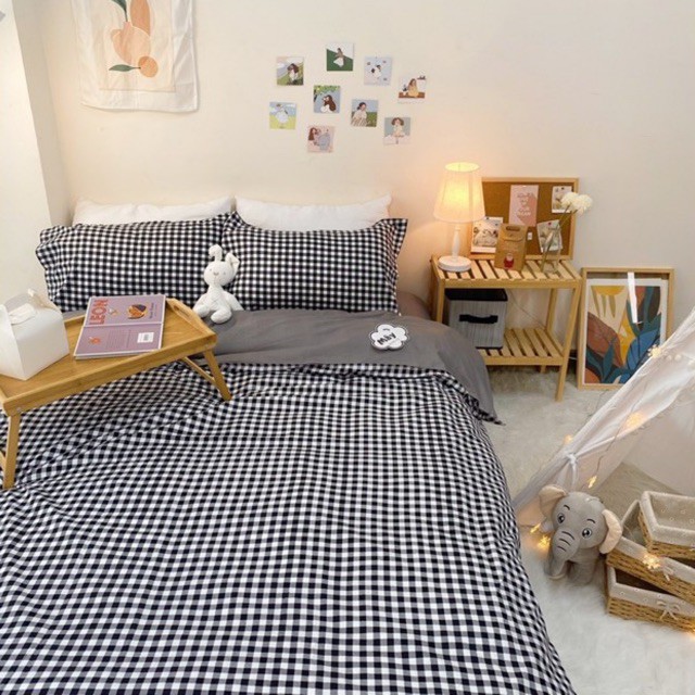 Bộ chăn ga gối Cotton Poly hoạ tiết caro đủ màu đen đỏ xanh MÂY BEDDING đủ kích thước nệm