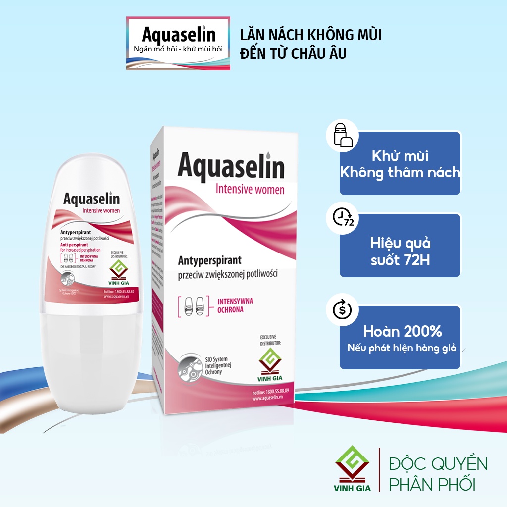 Lăn Khử Mùi Dành Cho Nữ AQUASELIN Intensive Women Mờ Thâm, Không Mùi, Ngăn Ố Vàng Áo Dùng Được Cho Mẹ Bầu 20ml - 50ml