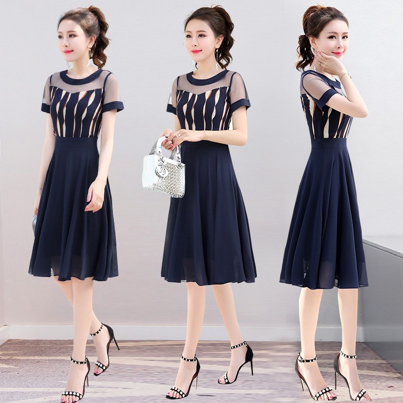 Đầm dáng xòe, váy cao cấp đi dự tiệc, đi du lịch, công sở, đầm cổ tròn phối ren.