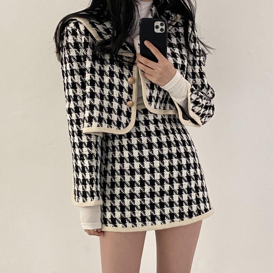 Áo khoác cardigan tay dài/ Chân váy chữ A lưng cao họa tiết houndstooth phong cách retro 45362