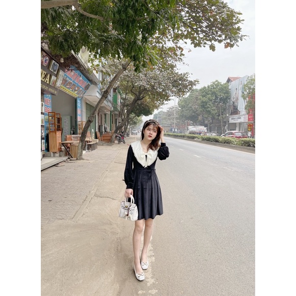 Váy nhung pha cổ lụa nơ siêu xinh