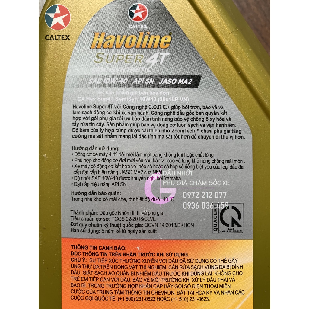 Dầu Havoline Super 4T 10W-40 Semi-Synthetic bán tổng hợp cho xe số