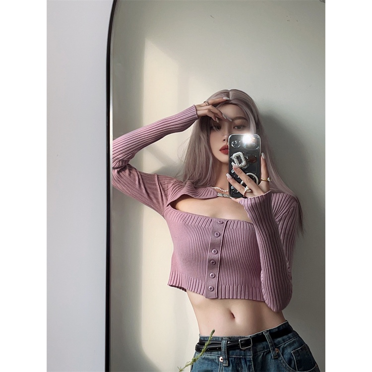 Áo Croptop Dệt Kim Tay Dài Phong Cách Thời Trang Mùa Hè Dành Cho Nữ