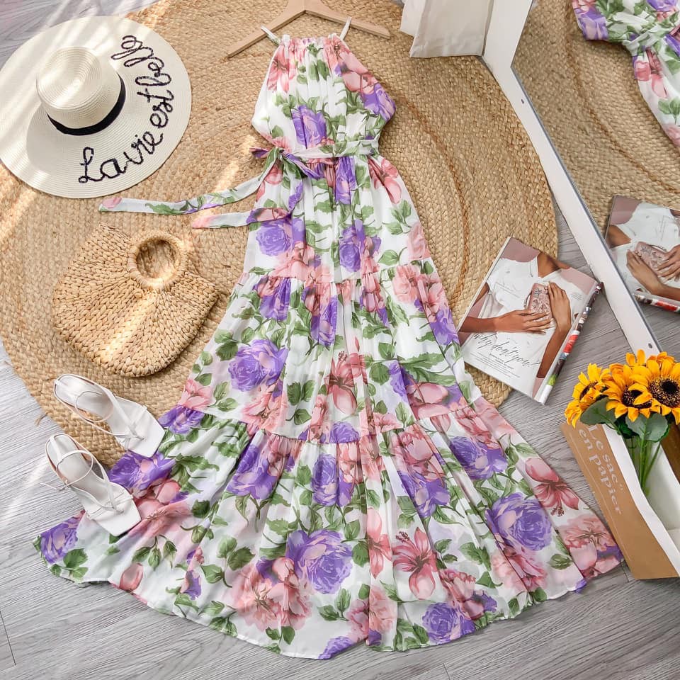 Maxi 2 dây yếm hoa xếp tầng phối eo bo chun siêu sang nun nha | BigBuy360 - bigbuy360.vn