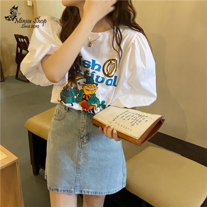 Áo thun trắng ONLY  nữ tay ngắn vai bồng sang chảnh tiểu thư, mùa hè thời trang đường phố hàn quốc Minxu shop OC07