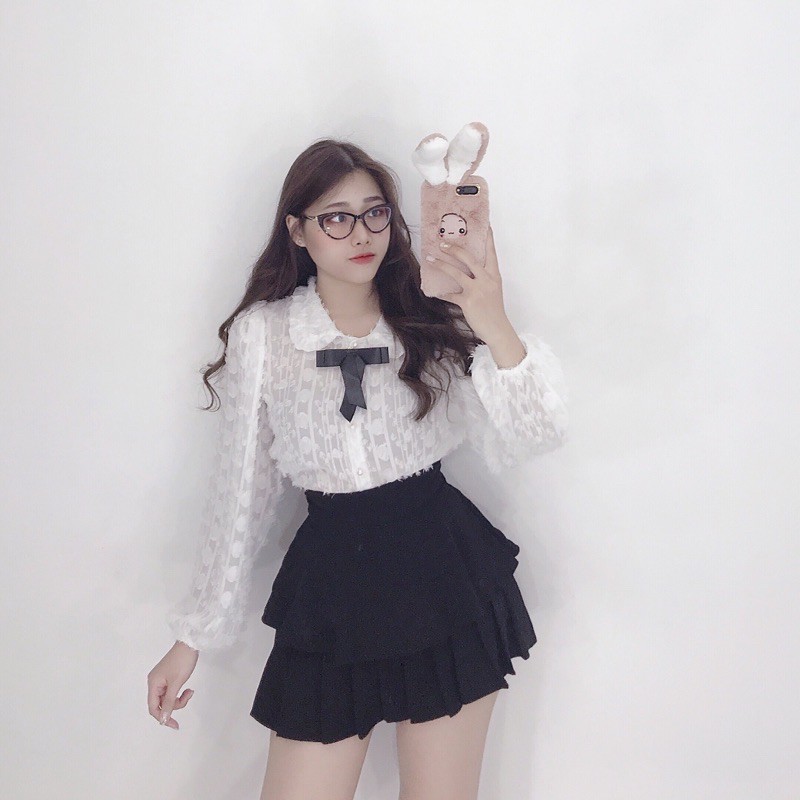 Áo kiểu nữ, áo sơ mi nữ lông cườm kèm nơ đen - 25 store