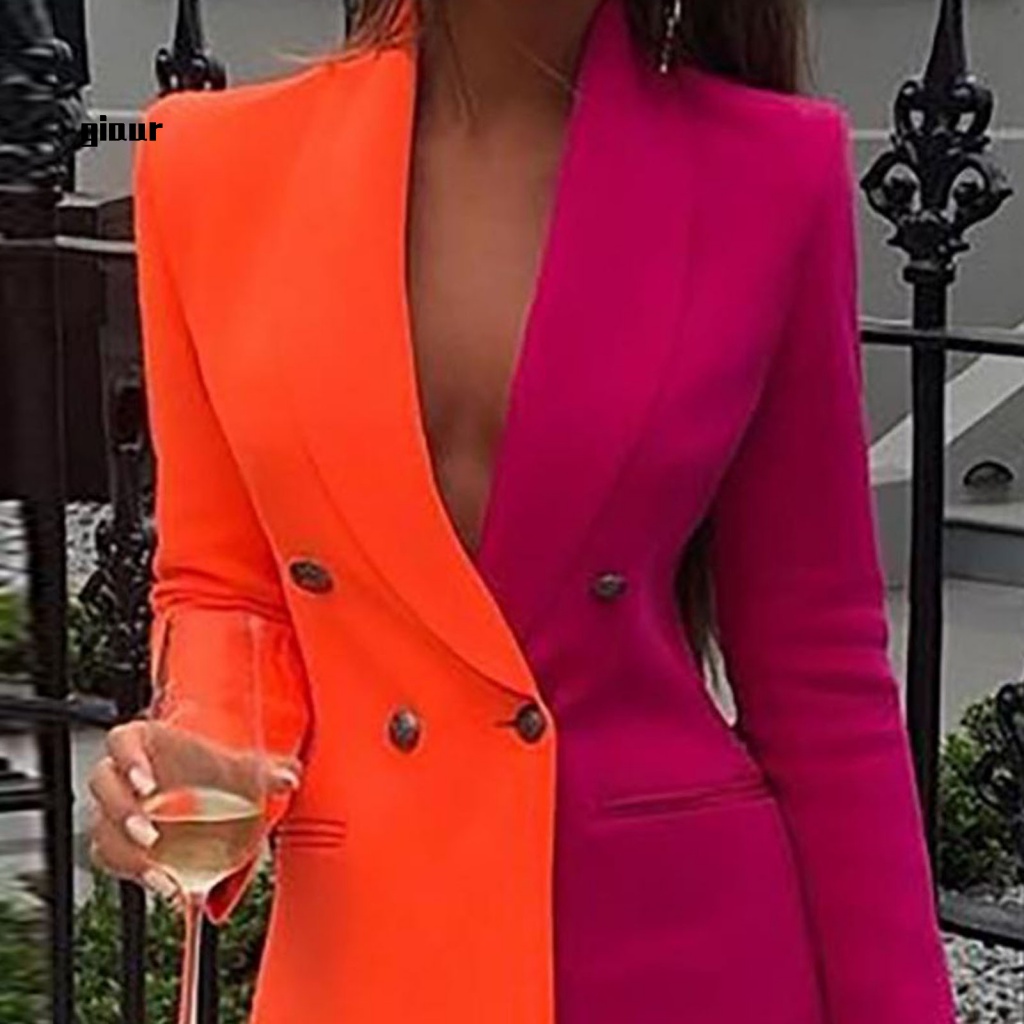 Giaurz Áo Khoác Blazer Đính Kim Sa Lấp Lánh Hai Hàng Nút Màu Sắc Tương Phản Ấm Áp