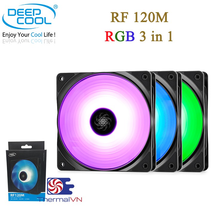 Quạt fan case 12cm RGB DeepCool RF 120M (bộ 3 quạt) - Quạt quay êm sức gió tốt, hiệu ứng màu sắc RGB 16,7 triệu màu