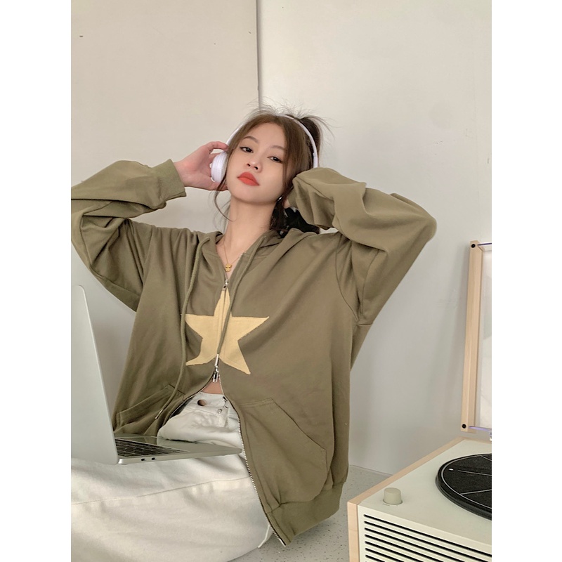 Áo Hoodie Mỏng Tay Dài Dáng Rộng In Hình Ngôi Sao Phối Khóa Kéo Kiểu retro Mỹ Cho Nữ