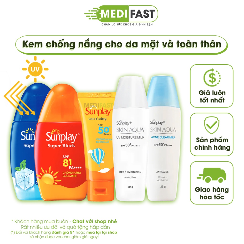 Kem chống nắng Sunplay cho da mặt, toàn thân, chống nắng cho bé và da nhạy cảm - sữa chống nắng chống tia UV ngăn đen da