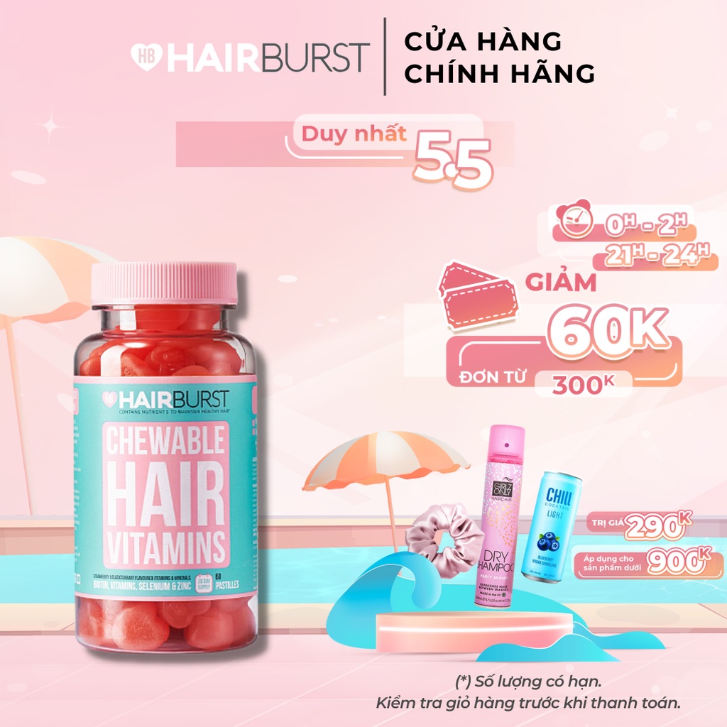 Kẹo dẻo vitamin chăm sóc, kích thích mọc tóc HAIRBURST chewable hair vitamins 60 gram/1 lọ