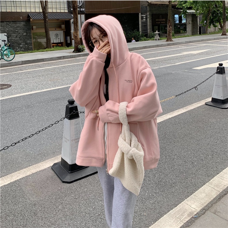 Áo Hoodie Bằng Vải Bông Dày Dặn Màu Hồng Thời Trang Hàn Quốc