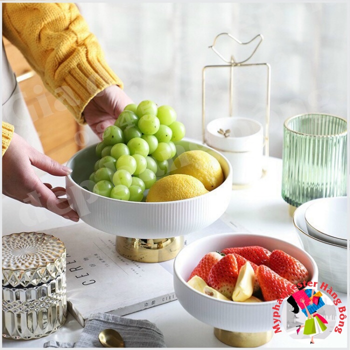 (HÀNG ĐẸP) Đĩa bồng sứ chân vàng xanh lục ngọc bảo hoặc trắng, đủ size