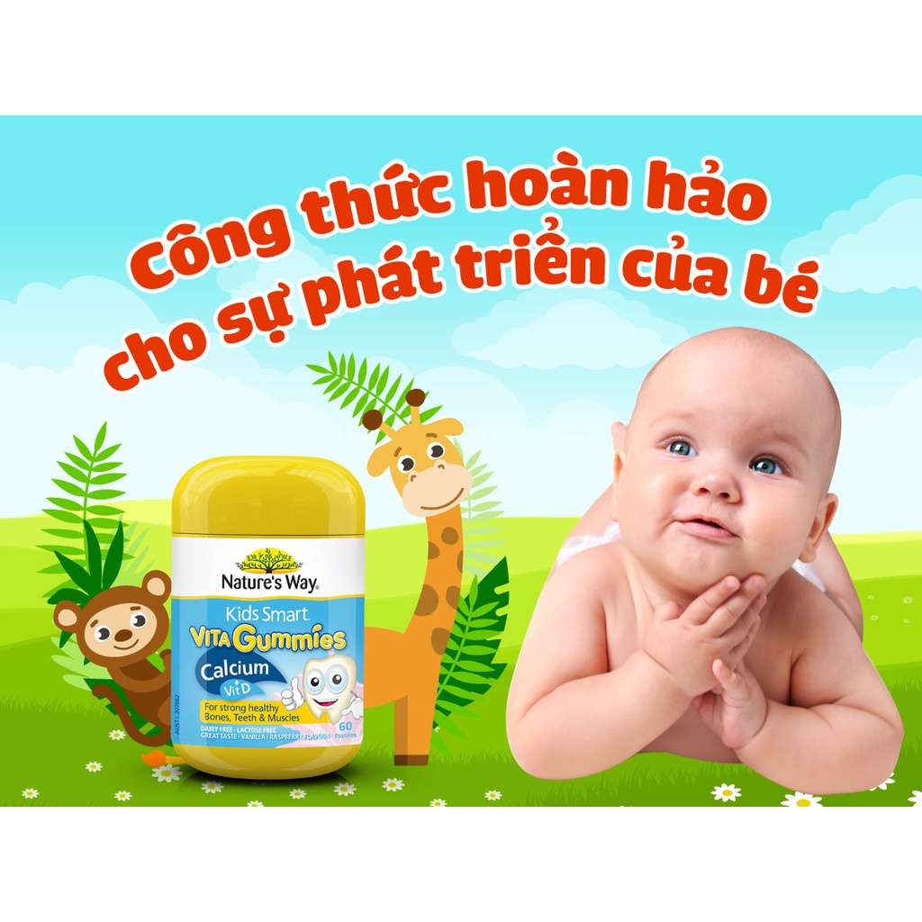 Kẹo gum Nature Kids Smart VITA Gummies Calcium + Vitamin D 60 viên bổ sung Canxi cho bé của Úc