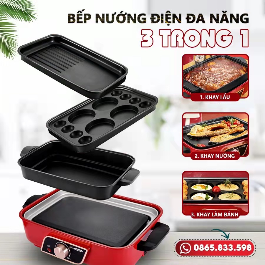 Bếp lẩu điện 3 chức năng, 3 khay tách rời tiện lợi chế biên nhiều món ăn bảo hành 12 tháng