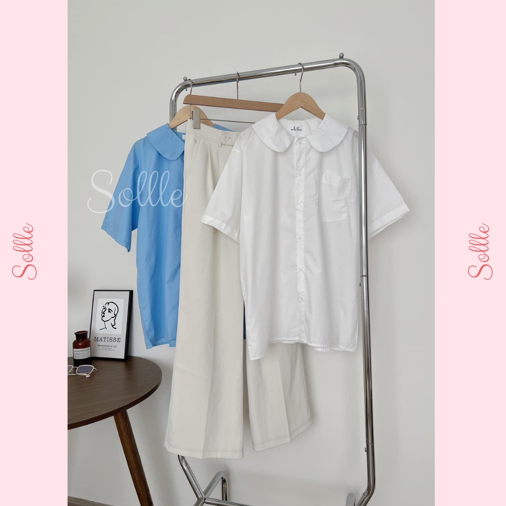 Áo sơ mi cổ sen ngắn tay học sinh trắng xanh basic rộng oversize Hàn Quốc Sollle ASM010