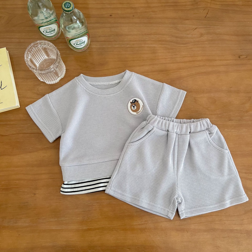 Set Áo Thun Ngắn Tay Thêu Hình Gấu Và Quần Short Thời Trang Cho Bé