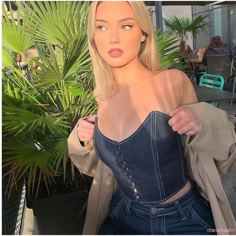 Áo Croptop Denim Cúp Ngực Phối Nút Thiết Kế Cổ Chữ V Quyến Rũ | BigBuy360 - bigbuy360.vn