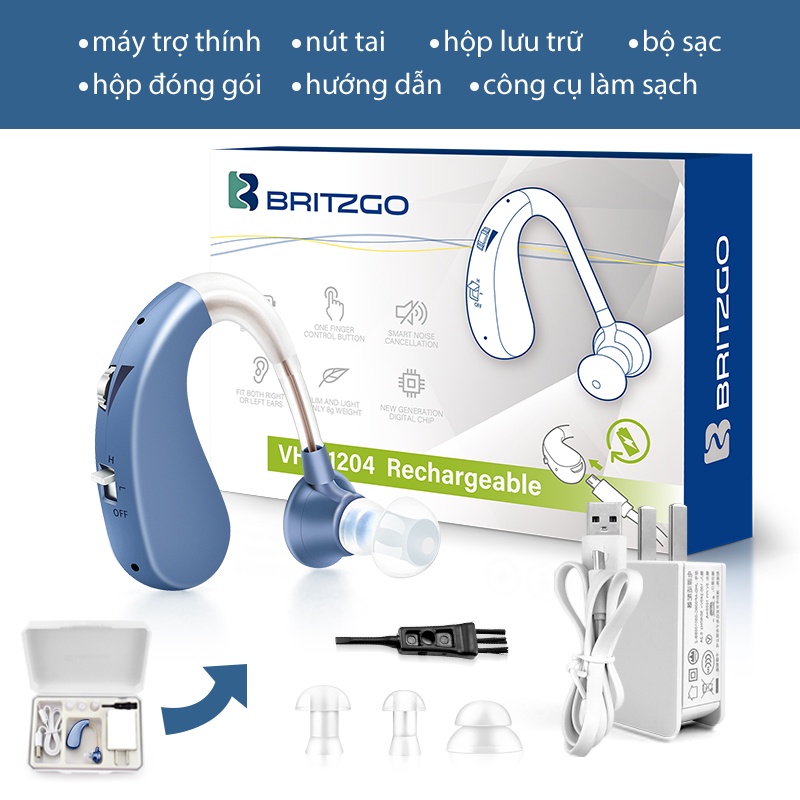 Britzgo Giảm nhiễu Máy Trợ Thính điếc USB Phí Cho Người Già Bộ khuếch đại nghe giảm nhiễu điếc VHP-1204 bạc xanh