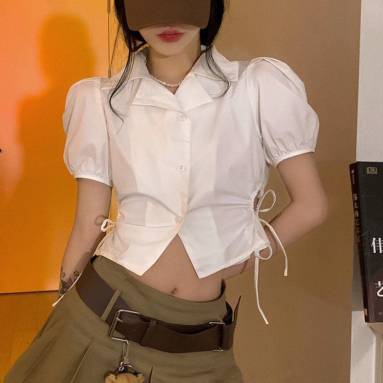 Summer fashion women's short-sleeved puffy waistband shirt