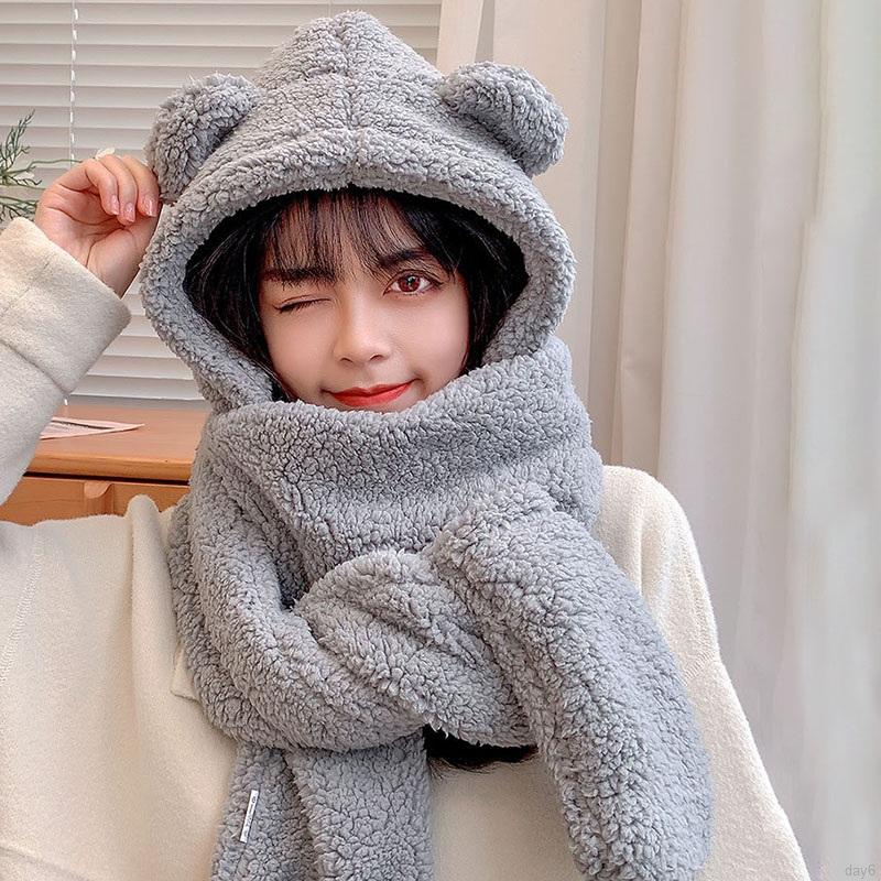 Bộ ba món gồm mũ + khăn choàng cổ + găng tay dày dặn hình gấu dễ thương phong cách Hàn Quốc