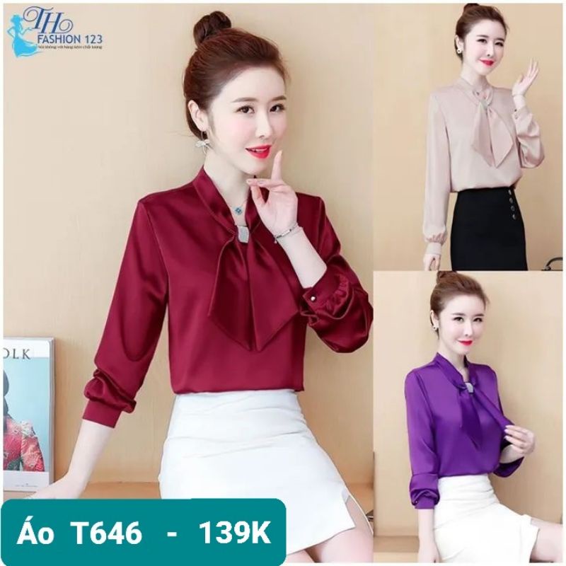 Áo Sơ Mi Phi Cao Cấp Kiểu Tay Dài Cổ Nơ