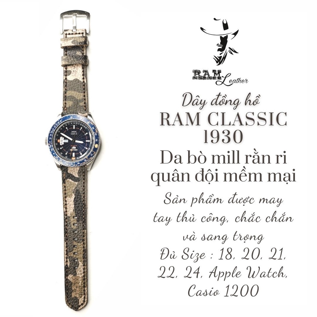 Combo Dây đồng hồ RAM Leather vintage B2 1930 da bò kiểu quân đội