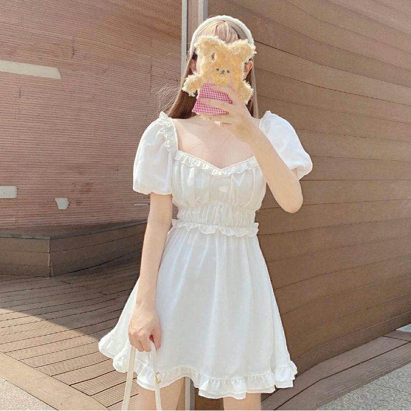 [Dress] Váy babydoll trắng ulzzang Hàn Quốc dáng xòe tay phồng lolita cổ áo vuông tim