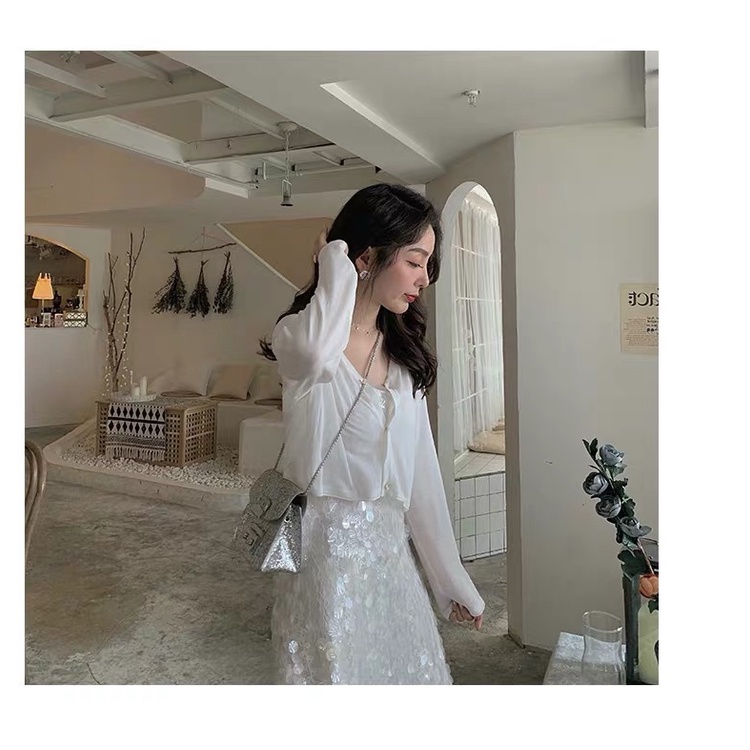 Quần áo chống nắng mỏng đi biển mùa hè dành cho nữ có cardigan, hương thơm nhỏ, áo sơ mi dệt kim lụa băng ngắn, đầu thu