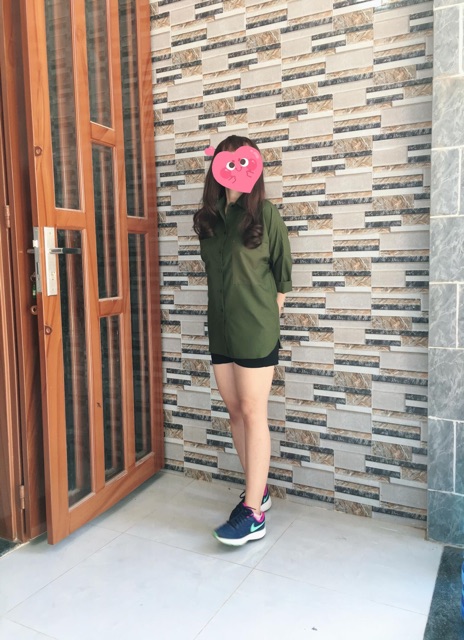 Áo sơ mi oversize xanh rêu 2 túi