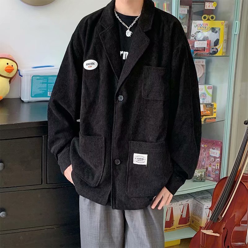 Áo khoác vest nhung kẻ dáng rộng phong cách Retro Hàn Quốc thời trang cho nam
