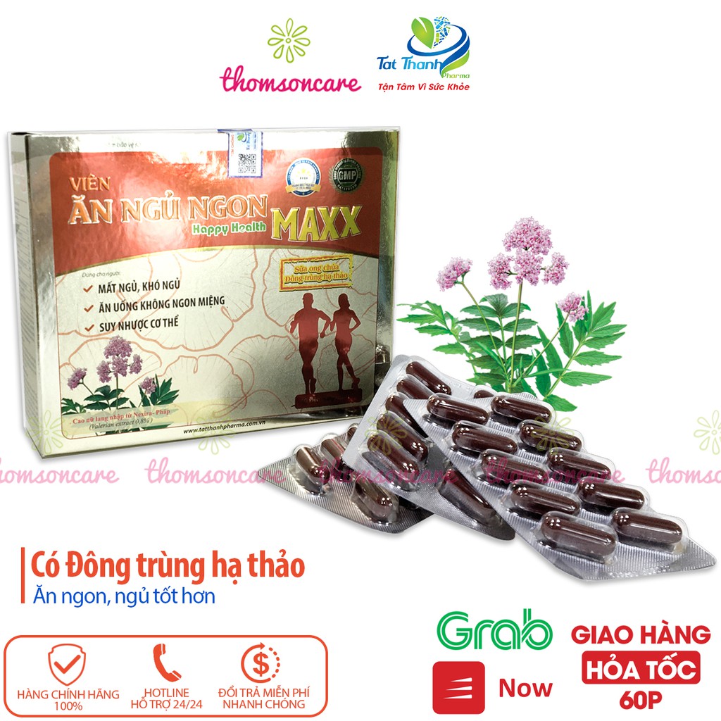 Giảm mất ngủ Happy Health Max hộp 60v từ đông trùng hạ thảo, melatonin, sữa ong chúa giúp ăn ngon