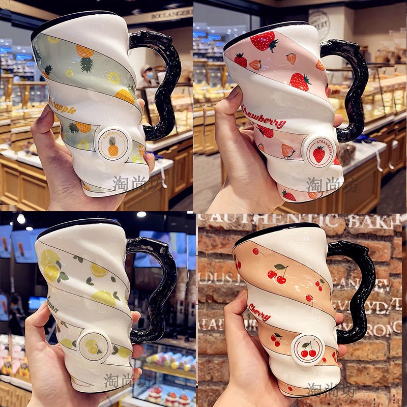 Cốc Uống Sữa Bằng Gốm Sứ Cỡ Lớn Họa Tiết Trái Cây Dễ Thương